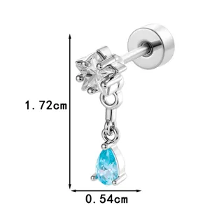 Silberner Stern Zirkon Ohrstecker aus Titan mit blauem Tropfenanhänger, 1,72 cm Größe