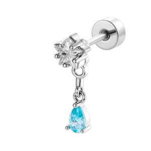 Silberne Titan-Ohrstecker mit Stern und funkelndem blauen Wassertropfen-Anhänger