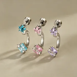 Boucles d'Oreilles Clous de Cartilage en Forme de C avec Strass Carrés et Étoile en Acier Inoxydable 316L pour Femme Homme