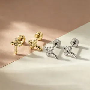 Vintage 316L Roestvrij Staal Franse Lelie Kruis Kraakbeen Oorknopjes Titaniumlegering Schroefsluiting Piercing Sieraden Voor Unisex