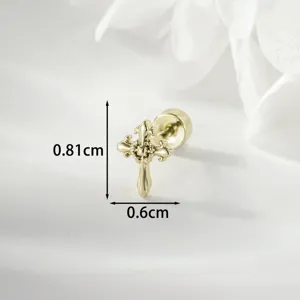Gouden iris kruis schroef oorknopje afmetingen 0,81cm x 0,6cm op witte achtergrond