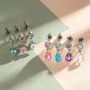 316L Edelstahl Herz Wassertropfen Zirkonia Ohrknochenstecker Koreanische Mode Bunter Edelstein Piercing Ohrringe Für Damen Unisex
