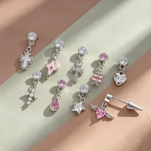 304 Stainless Steel Cartilage Stud Earrings Rhinestone Crystal Star Cross Heart Angel Wings Pendant Body Piercing Jewelry For Unisex