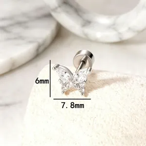 Detailed view of a sparkling titanium steel butterfly stud earring with 6mm and 7.8mm measurements