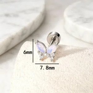 Detailed view of the titanium steel butterfly earring with 6mm by 7.8mm dimensions.