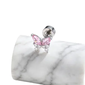 Exquisite medical titanium steel butterfly stud earring with pink crystals and clear gems