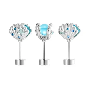 Elegant silver ocean shell ear studs featuring blue starfish and sea fish enamel patterns
