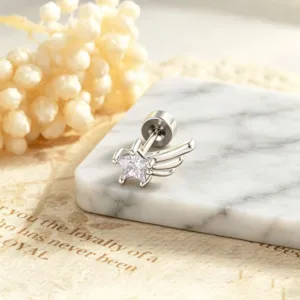Detailed macro view of a silver-toned star wing stud earring with sparkling zircon stone.