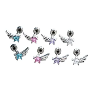 Minimalist star-shaped zircon stud earrings with angel wing design in four colors