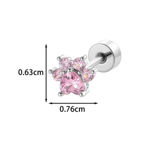 Macro detail of pink zirconia cat paw stud earring showing dimensions 0.63cm by 0.76cm