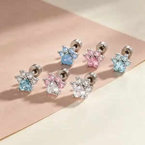 Cute Sweet Fashion Zirconia Cat Paw Heart Shape Ear Cartilage Stud Earrings Shiny Metal Animal Footprint Ear Piercing Jewelry For Women Teen Girls