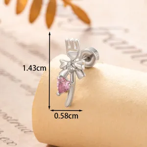 Cute silver fork earring with pink heart zircon and bow detail, screw back cartilage stud