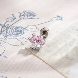 Cute titanium alloy cat paw cartilage stud earring with pink and clear micro-set zircons