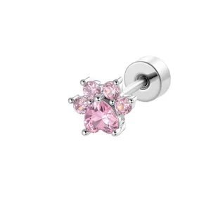 Cute pink cubic zirconia cat paw stud earring in silver-tone titanium alloy for women
