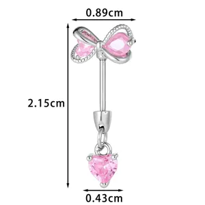 Süßer Piercing-Schmuck mit rosa Schleife und Herzanhänger, 2,15 cm Länge, Silber