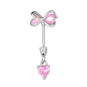 Silbernes Piercing-Barbell mit rosa Schleife und Herzanhänger Schmuck