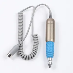 Professional electric nail drill handpiece with blue rubber grip and coiled power cord