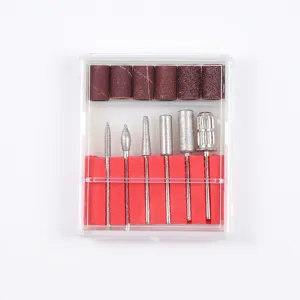Nail drill bit set with 6 metal bits and 6 sanding bands in storage box