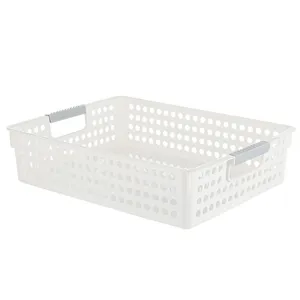 Cesto portaoggetti rettangolare in plastica bianca per cucina con manici grigi e fori.