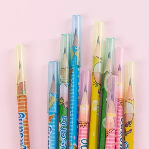 Colorful transparent pencil caps and extenders, cute cartoon student stationery supplies.