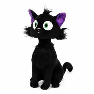 Detailansicht des Gatto Nero schwarzen Katzenplüschtiers mit lila Innenohrfutter