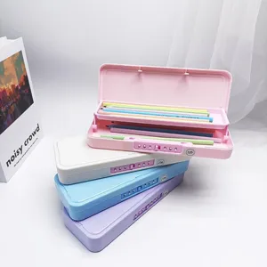 Multi-layer pastel pencil case with combination lock, cute stationery organizer box for students.