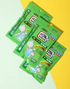 Detail view of 20g sachets of Japanese tea stain and scale remover powder for cups