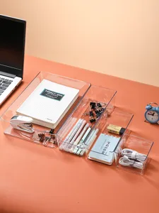 Organizzatore da Scrivania in PET Trasparente Scatola Porta Trucchi con Apertura a U Cassetto in Plastica Impilabile per Cancelleria Ufficio Maschera Cura Pelle
