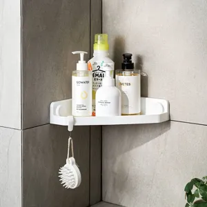 White corner bathroom shelf with drill-free wall mount and storage organizers