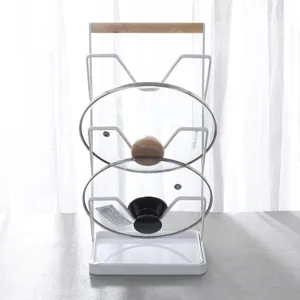Japanisch Minimalistisch Eisen Weiß Topfdeckelhalter Holzgriff Arbeitsplatte Drei Ebenen Schneidebrett Organisator Rack Mit Auffangschale