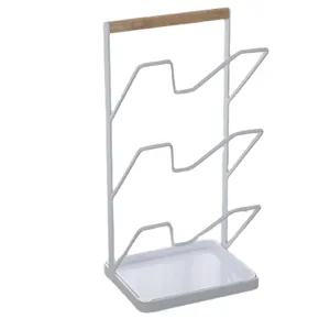 Minimalistischer 3-stufiger weißer Topfdeckelhalter aus Eisen mit Holzgriff und Abtropfschale
