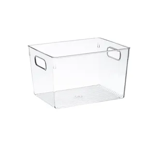 Clear plastic refrigerator storage bin with handles for vegetable and egg organization