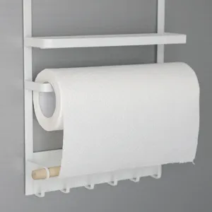 Weißes magnetisches Küchenrollenhalter-Regal mit Ablage und 5 Haken für die Küche
