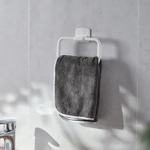 White plastic square punch-free towel ring for modern bathroom wall mounting decoration