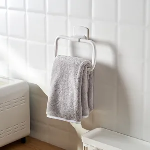 Modern white plastic square towel ring for bathroom wall-mounted punch-free towel holder