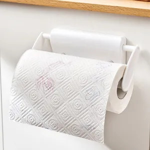 White Plastic Kitchen Paper Towel Holder Wall Mounted Punch Free Retractable Cabinet Roll Paper Rack For Cling Film Storage