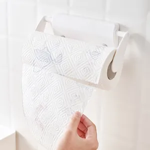Minimalist white wall-mounted kitchen paper towel holder with punch-free adhesive design