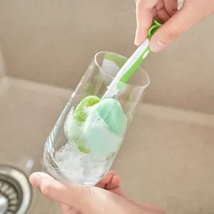 Modern Minimalist Plastic Sponge Cup Brush Suction Cup Self Standing Double Sided Household Kitchen Cleaning Scouring Pad Long Handle Bottle Brush