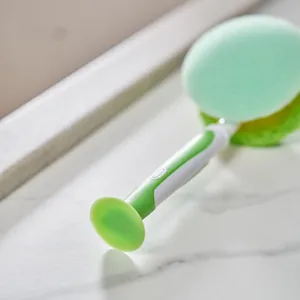 Suction cup standing sponge cleaning brush with double-sided scrubber head