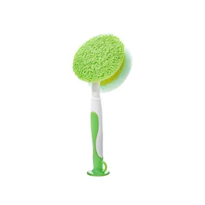 Self-standing cleaning brush with suction base and double-sided sponge for cup cleaning
