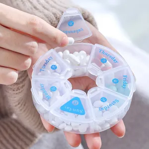 Organisateur de Pilules Hebdomadaire Rond Boîtier à Médicaments Portable Plastique Transparent 7 Compartiments Pilulier pour Médication Voyage