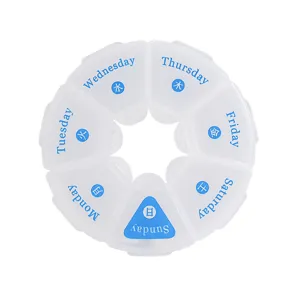 Organisateur de pilules portable circulaire de sept jours en plastique avec étiquettes bleues