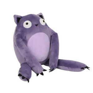 Detail view of a soft purple monster plush doll with long limbs and large expressive eyes