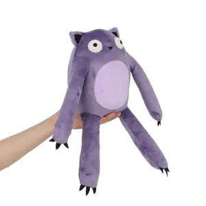 Purple monster plush toy with long limbs held by hand to show its actual size