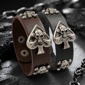 Brazalete Ancho de Cuero Retro Punk con Remaches de Calavere para Hombre Pulsera de Puño Vintage de Metal Picas Esqueleto Joyería de Street Dance Regalo