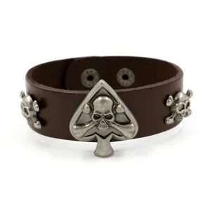 Pulsera punk vintage de cuero marrón con remaches de calavera y pica plateados