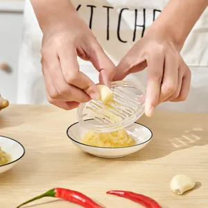 Mini rallador de ajo manual para moler dientes de ajo frescos en un tazón blanco