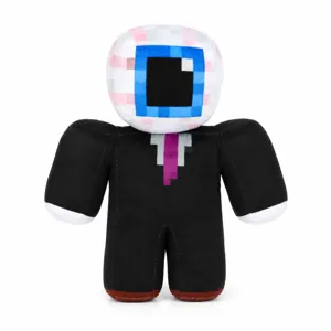 Peluche pixel Taxduo Eggchan avec tête de globe oculaire et costume noir sur fond blanc