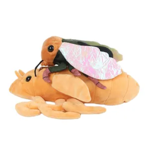 Détail de la peluche cigale en mue avec des ailes irisées réalistes sur fond blanc