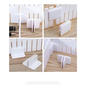 Detail views of various white plastic connector buckles for adjustable drawer dividers.